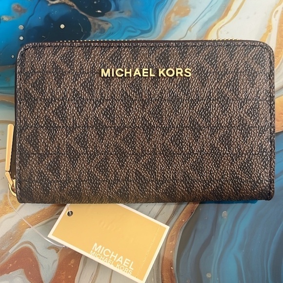 Brand New Michael Kors Brown Acorn Small Zip Around Card Case Holder Compact - Picture 15 of 15